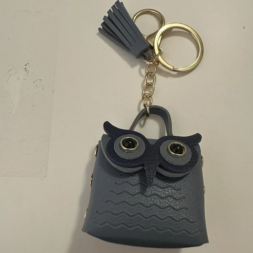 Owl Leather Coin Wallet Change Purse Keychain With Clip & Tassel BLUE Snap Close